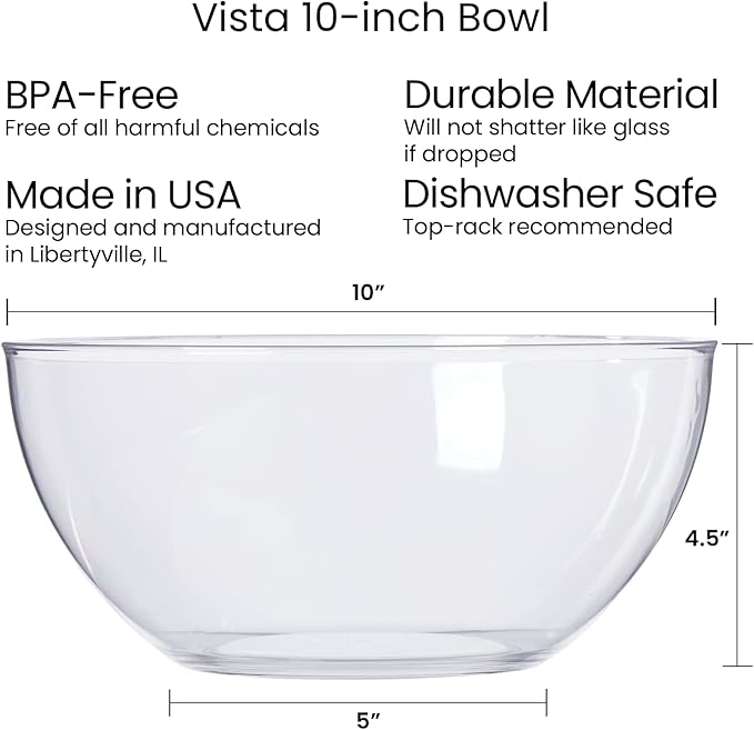US Acrylic Vista Clear Plastic Salad and Serving 10-inch Bowls | set of 3 | Reusable, BPA-free, Made in the USA | 135 oz. capacity