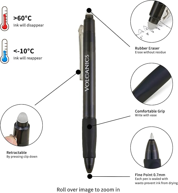 Volcanics Erasable Gel Pens, 36 Pack, 6 Colors, 0.7mm Fine Point