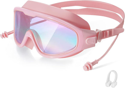 Adult Swimming Goggles,Leak-Proof,Anti-Fog Pool Glasses,Wide View Swim Goggles with Ear Plugs and Nose Clip