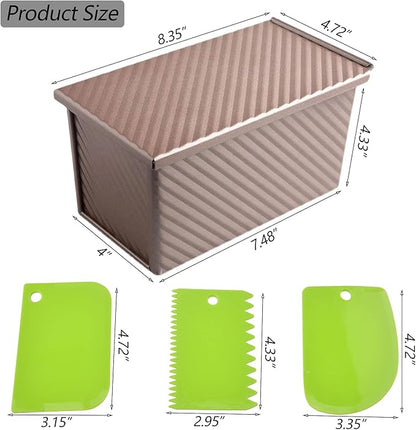 Pullman Loaf Pan with Lid, Aluminized Steel 1 Lb Nonstick Sandwich Bread Pan for Homemade Bread, 8.4x4.8 Inch Professional Rectangular Loaf Pan with Dough Scraper and Cutter