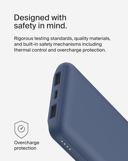 Belkin Portable Charger, USB C Power Bank 10000 mAh w/ 2xUSB-A Ports, 15W w/ Type-C to Type-A Cable - iPhone 17, Air, Pro, Pro Max, Samsung Galaxy S25, Nintendo Switch 2, Google Pixel 10, etc. - Blue
