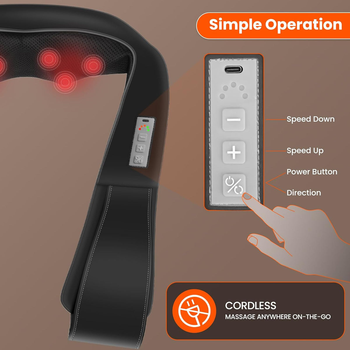 AMZPONY® Cordless Neck Massager for Pain Relief Deep Tissue, Rechargeable Shiatsu Neck and Back Massager Portable Kneading Shoulder Massage for Body Muscle Pain Relief,Gifts for Dad Mom Friends