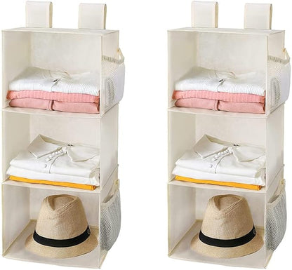 MAX Houser 3-Shelf Hanging Closet Organizers, Collapsible Closet Hanging Shelves for Camper, Nursery Hanging Organizers, Beige, 2-Pack