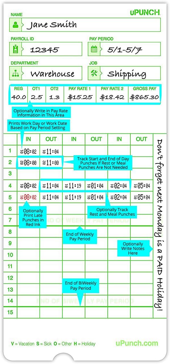 uPunch 300 Time Cards for Green HN3000 AutoAlign Time Clocks (HNTCG1300)