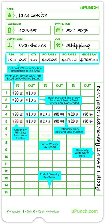 uPunch 300 Time Cards for Green HN3000 AutoAlign Time Clocks (HNTCG1300)
