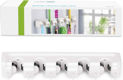 LETMY Broom Holder Wall Mount - Mop and Broom Hanger Holder - Garage Storage Rack & Garden Tool Organizer - 5 Position 6 Hooks Broom Rack for Home, kitchen, Garden, Tools, Garage Organization - White