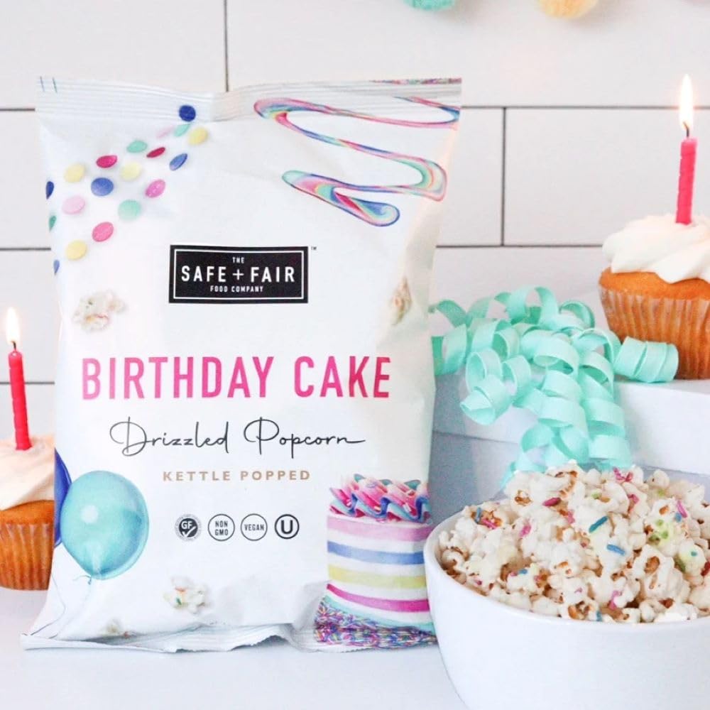 Safe + Fair Birthday Cake Drizzled Popcorn - Gluten-Free, Dairy Free and Vegan Snack - Free From Top 9 Allergens and Artificial Ingredients – Non GMO, Plant Based Kettle Popped Corn, 5.5oz, 6 Pack