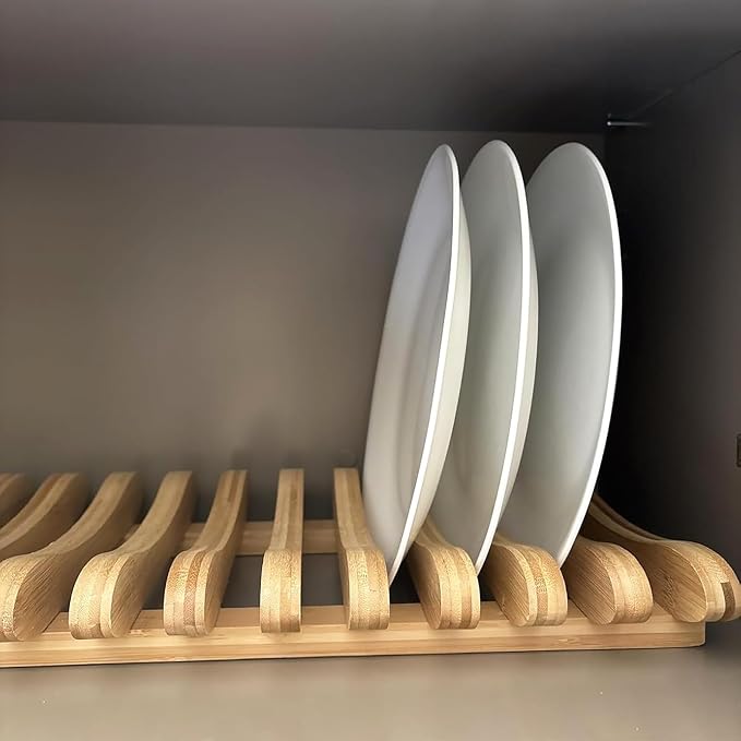 Frcctre Bamboo Dish Drying Rack, 10 Slots Bamboo Cabinet Plate Stand Dish Drainer Wooden Plate Rack Pot Lid Holder Kitchen Dish Plate Storage Organizer for Countertop Cabinet