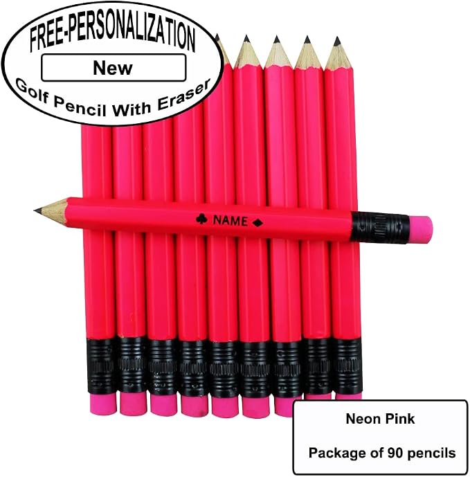 EZPENCILS & GIFTS - Golf Pencils Tipped with Eraser (1/2 a Pencil - Pew Pencils) - Neon Pink Colored Barrel - FREE-PERSONALIZATION - 2HB Black Lead - Custom Text - Non-Smear Eraser – Package of 90