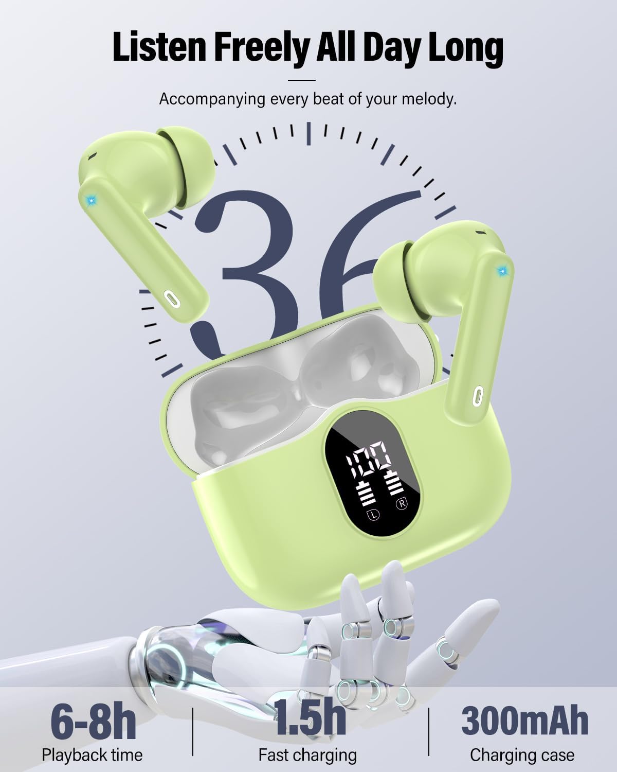 Wireless Earbuds, Bluetooth 5.4 Headphones Bass Stereo, Ear Buds with Noise Cancelling Mic, IP7 Waterproof in Ear Earphones, 36H LED Display Bluetooth Earbuds for Laptop Pad Phones Sports, Grass Green