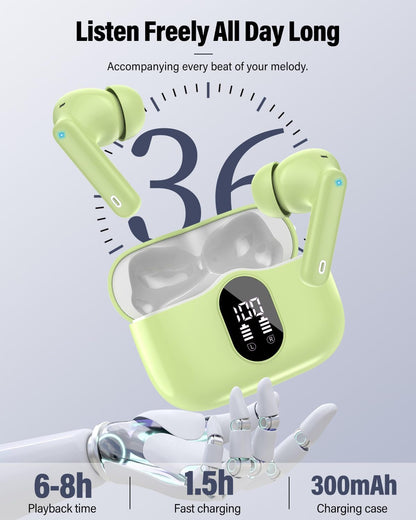 Wireless Earbuds, Bluetooth 5.4 Headphones Bass Stereo, Ear Buds with Noise Cancelling Mic, IP7 Waterproof in Ear Earphones, 36H LED Display Bluetooth Earbuds for Laptop Pad Phones Sports, Grass Green