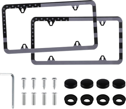 LivTee American Flag License Plate Frames, 4 Holes Stainless Steel License Plate Covers, 2PCS Car License Plate Holder, Automotive Exterior Accessories, Black-Gray