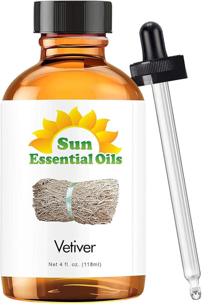Sun Essential Oils Vetiver Essential Oil, 4 oz, for Aromatherapy – Vetiver Oil