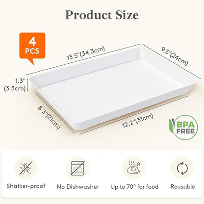 Lifewit Plastic Serving Tray for Party Supplies, 4 Pcs White Trays for Serving Food, Reusable Large Platter for Buffet, Fruit, Snack, Rectangle, Thanksgiving Christmas Essentials, 14" x 10"