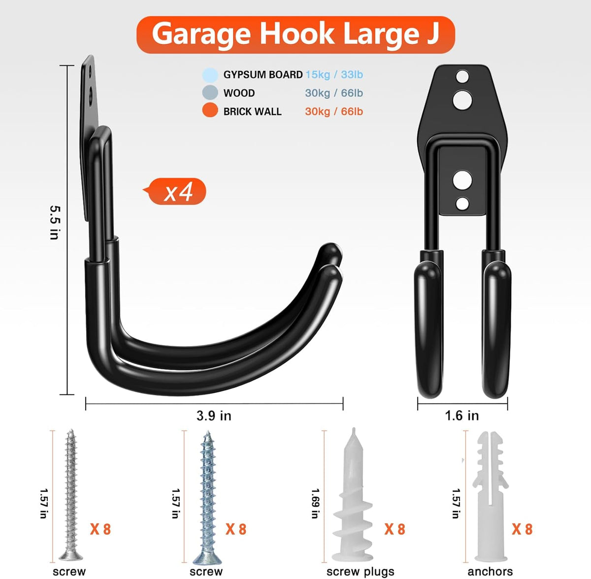 Heavy Duty Garage Hooks 4 Pack, J Shaped Hanger, Wall Mounted Storage System, Power and Garden Tool Organizer, for Hanging Ladders, Bikes Tires, Hose, Bulk Items
