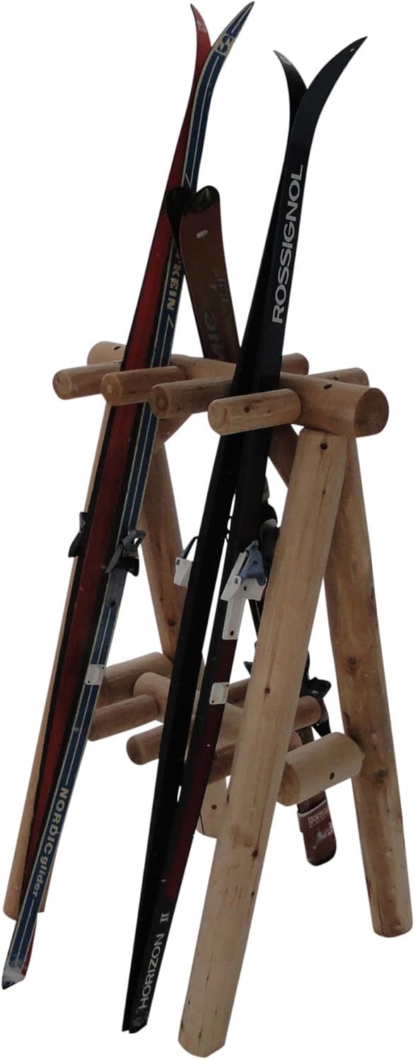 9-Place Freestanding Log Ski Rack Holder, Indoor & Outdoor Snowboard Racks, Standing Storage, Garage Racks for Snow Skis & Poles, Snowboard Rack Garage Storage Organizer- Canyon Brown + 15" Anchor Kit