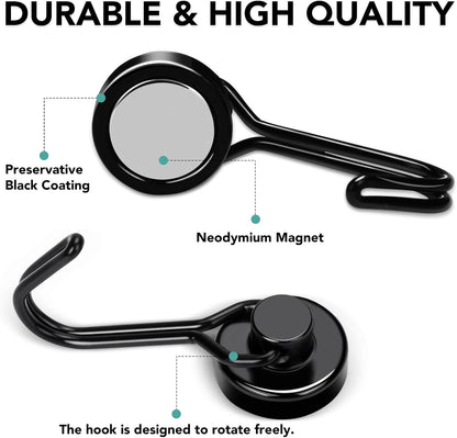 MIKEDE Magnetic Hooks 4 Pack, 40Lbs Heavy Duty Neodymium Magnet Hooks Black Magnetic Swivel Hooks for Hanging, Rust Proof Strong Magnets with Hook Magnetic Metal Hanger for Storage