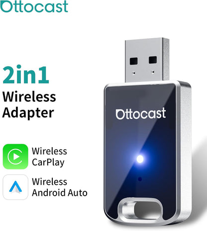 OTTOCAST Mini 2 in 1 Wireless Carplay Adapter & Wireless Android Auto Adapter for Apple iPhone Samsung or Other AndroidPhone, USB Bluetooth Car Accessories for OEM Wired Carplay/Android Auto Cars