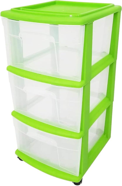 HOMZ Drawer Tower, 3-Tier Clear Plastic Storage Organizer Cart, Bold Lime Frame - Rolling Drawer Containers with Wheels for Bathroom, Bedroom, Office, and Classroom Organization