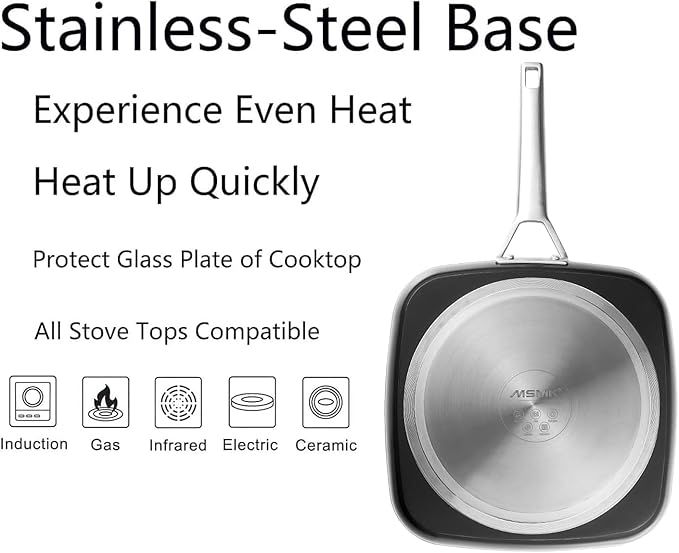 MsMk Square Grill Pan with lid, Stay-Cool Handle, Each Ridge Nonstick, Oven Safe Dishwasher Safe Induction Grill pans for Stove Tops, Square Frying Pan, Bacon Pan, Indoor Chicken Skillet, 11-Inch