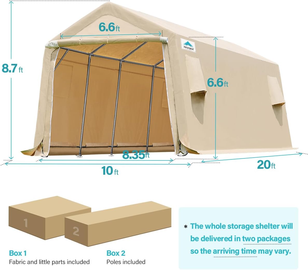 ADVANCE OUTDOOR Heavy Duty Carport 10X20 ft Outdoor Patio Portable Canopy Storage Shelter Shed with 2 Rolled up Zipper Doors & Vents for Snowmobile Garden Tools, Beige