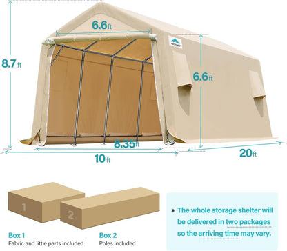 ADVANCE OUTDOOR Heavy Duty Carport 10X20 ft Outdoor Patio Portable Canopy Storage Shelter Shed with 2 Rolled up Zipper Doors & Vents for Snowmobile Garden Tools, Beige
