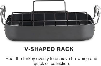 Cooks Standard Turkey Roasting Pan with Rack, Hard Anodized Nonstick 16-Inch x 12-Inch Chicken Ham Roaster Pan Multi-Use Grill Pan with Handles, Black