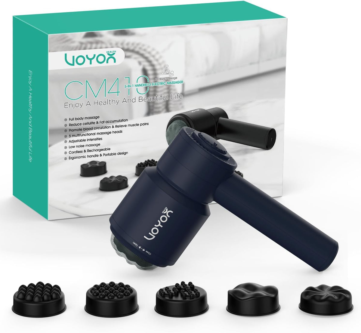 VOYOR-HEALTH Handheld Cellulite Massager, Electric Cellulite Remover Body Sculpting Massage with 5 Replaceable Heads for Arm,Thigh,Calves, Cordless & Rechargeable Deep Tissue Massager CM410 (Blue)