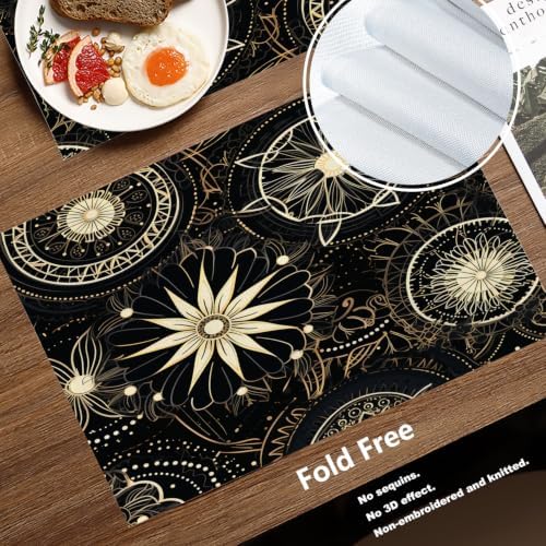 Batmerry Circular Patterns Floral Designs Placemats, Black and Gold Decorative Patterns Washable Linen Table Mats for Kitchen Table Double Insulation Decor Dining Set Indoor Outdoor 12X18 in Set of 6