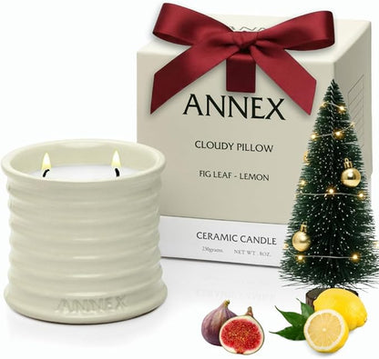 Scented Luxury Citronella Candles outdoor, Mosquito Bug Repellent | Handmade Ceramic Jars, Soy Wax | Cloudy Pillow - Fig Leaf & Lemon, Large Natural Candle | Non Toxic, 2 Wicks, Reusable Big Beige Jar