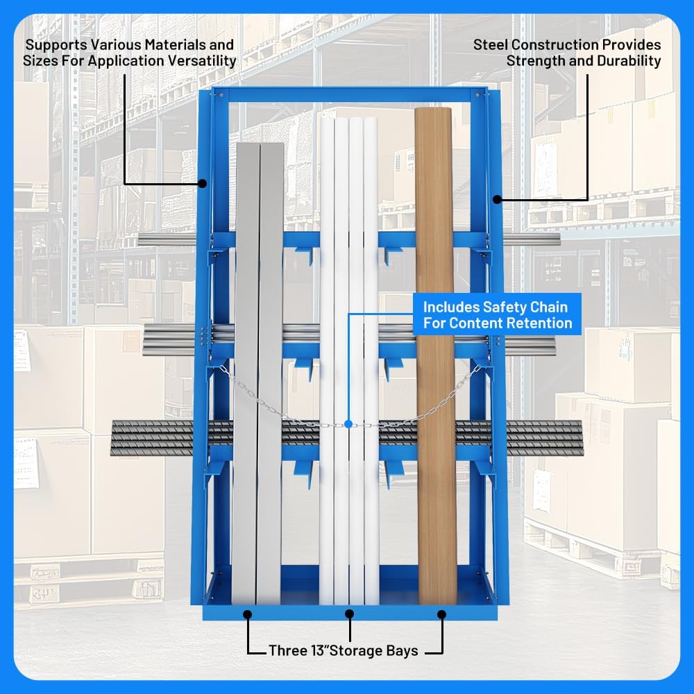 Yeeoy Steel Vertical Bar Rack, Lumber Storage Rack with Safety Chain, Heavy Duty Long Parts Storage Rack, Pipe Organizer Shelf for Garage Workshop Factory, 3000 LB Capacity, Blue