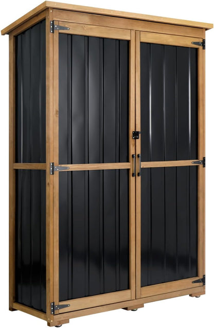 Outdoor Storage Cabinet Wood & Metal, Storage Shed Waterproof Double Lock for Anti-Theft Removable Shelves Adjustable Feet Wooden Floor for Patio, Garden, Lawn Pool Storage, 46" X 18" X 68"