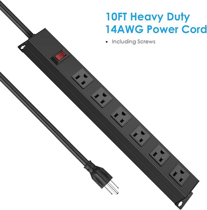 Metal Wall Mount Power Strip, Mountable Power Outlet with 6 AC Outlets, Aluminum Alloy Mount Power Socket with Switch, 10 FT SJT 3/C 14AWG Power Cord, 15A 125V 1875W (6AC) Black