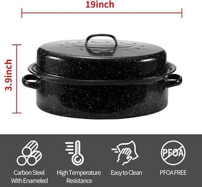 Granite Roaster Pan, 19” Enameled Roasting Pan with Domed Lid. Oval Turkey Roaster Pot, Broiler Pan Great for Turkey, Chicken, Lamb, Vegetable. Dishwasher Safe Cookware Fit for 20Lb Turkey by Kendane
