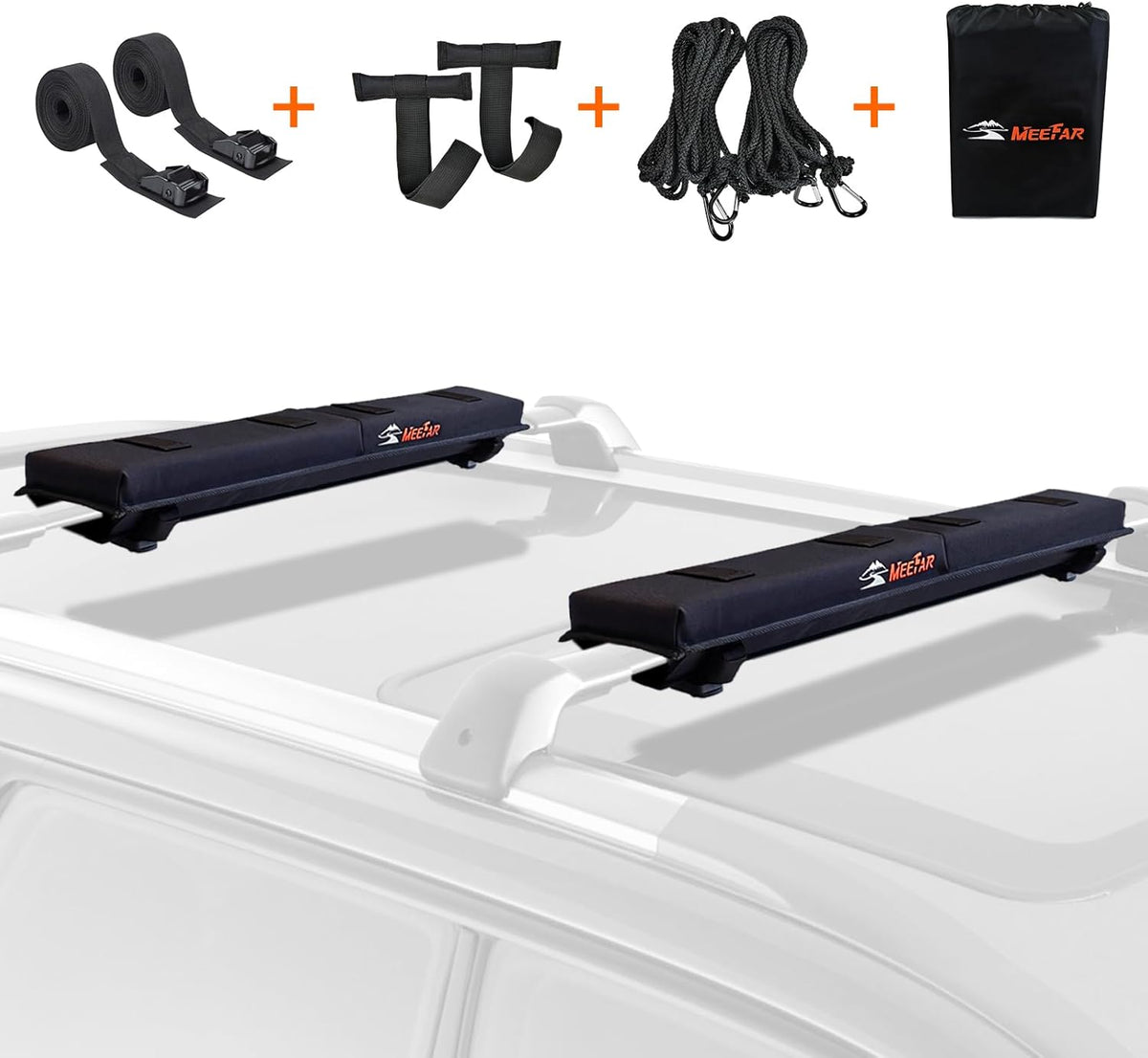 MeeFar Universal Roof Rack Pads Fit on Cross Bars - for Kayak/Surfboard/SUP/Canoe with 2 Heavy Duty Tie Down Straps, 2 Tie Down Rope, 2 Quick Loop Strap and Storage Bag