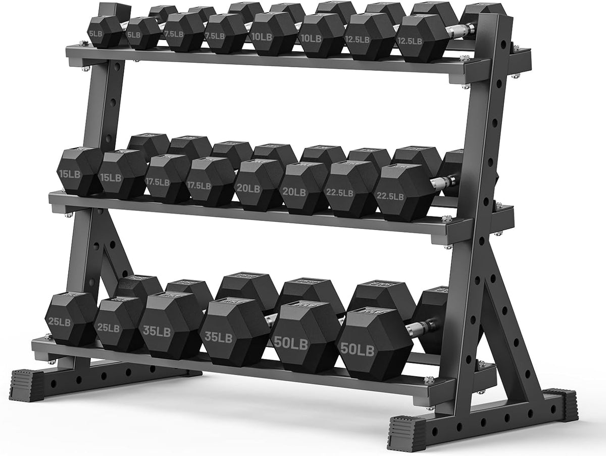 PAPABABE Hex Dumbbell Set with Rack, Rubber Encased Free Weight with Weight Storage Racks, Multiple Weight Options for Home Gym and Fitness