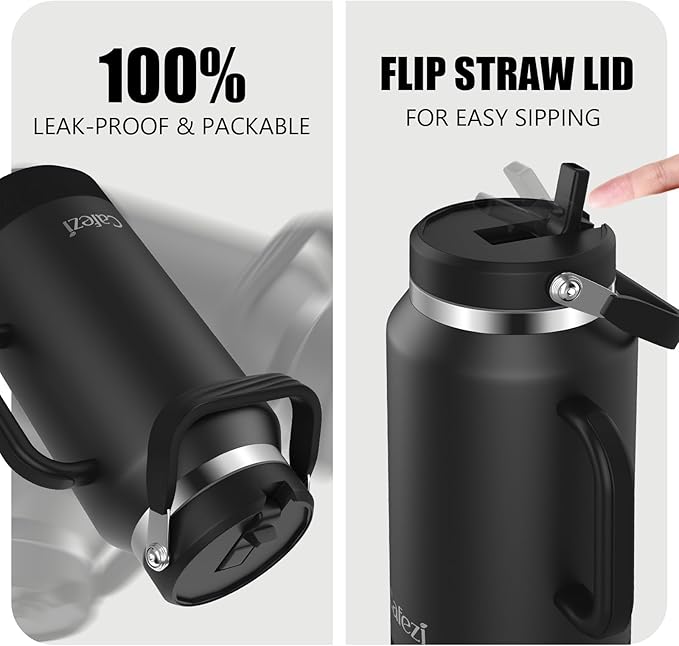 64oz Half Gallon Insulated Water Jug with Flip Straw & Silicone-Grip Handle - Leak-Proof, Sweat-Free, BPA-Free, Iced for 34 Hours, Wide Mouth, Dishwasher Safe, Anti-Slip Base