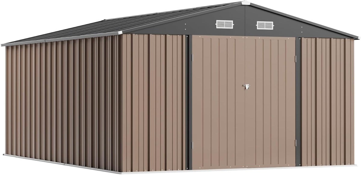Greesum 10×14 FT Outdoor Storage Shed, Metal Storaged Sheds Without Floor, Tool Sheds with Lockable Doors and Sloping Roof for Garden, Patio, Backyard, Brown