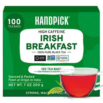 HANDPICK, Irish Breakfast Black Tea Bags (100 Count) Gluten-Free, Non-GMO | Strong, Robust & Bold Flavor | Round Eco-Conscious Tea Bags