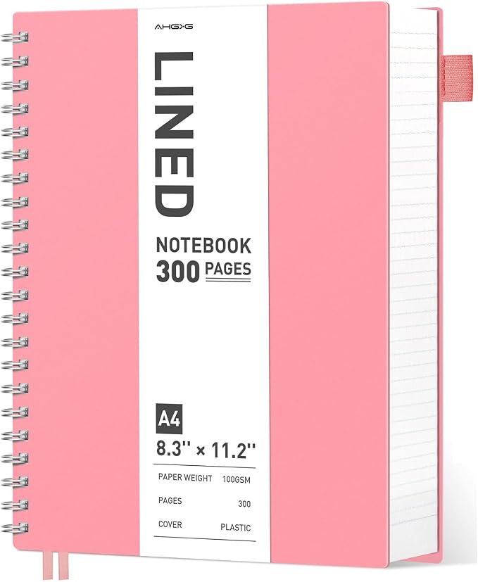 AHGXG Spiral Journal Notebook - College Ruled Notebook 8.5" x 11", 300 Pages Thick Journal for Women, 100GSM Thick Paper, Plastic Hardcover A4 Journal for Writing Work School Supplies, Pink