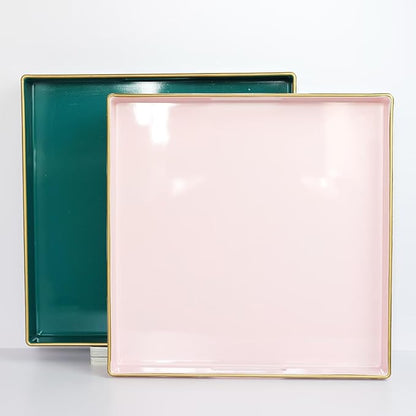 Spsyrine Pink Decorative Serving Tray with Handles, 13" X 13" Square Plastic Coffee Table Tray for Ottoman, Living Room, Bathroom, Home Decor.
