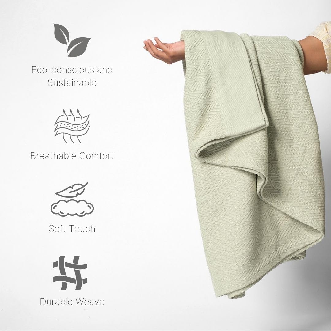 100% Cotton Herringbone Weave Blankets, 90" X 90" Queen, Throw Blanket for Bed, All Season Cotton Blanket, Cozy Blanket,Throws & Bed Blanket, Throw Blanket for Couch, Modern Home Decor -Sage