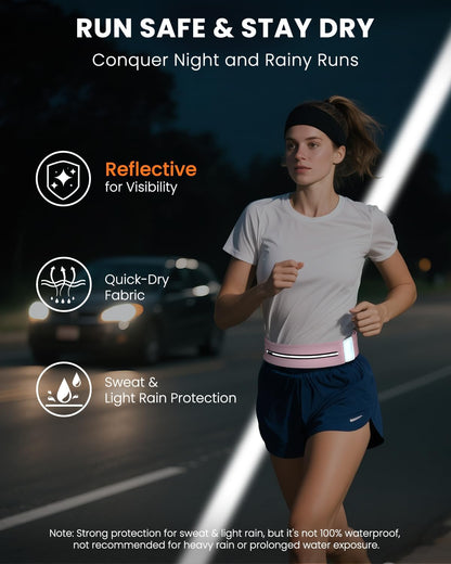 Running Belt for Women and Men, Adjustable Fanny Packs No Bounce Phone Holder for Running with Water Bottle & Headband, Waterproof Reflective Waist Packs for Runner Fits All Phones (L-Pink)