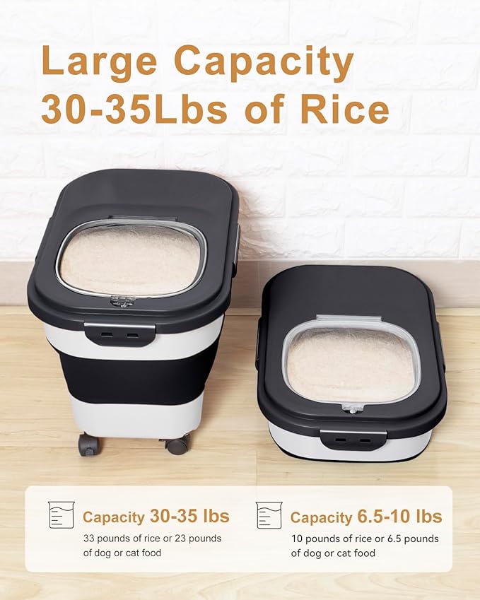20-30 Lbs Rice Storage Container,Collapsible Food Storage Containers with Rolling Wheel Airtight Locking Lid,Flour Storage Container with Cup and Scoop,Suitable for Food,Rice,Pet Food,Flour