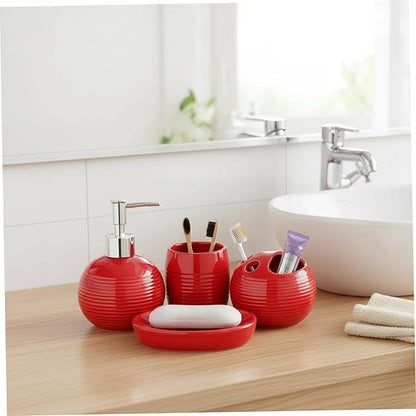 4Pcs Red Bathroom Accessories, Modern Ceramic Bathroom Accessories Set Includes Soap Dispenser, Toothbrush Holder, Tumbler and Soap Dish for Home Apartment, Red Toothbrush Holder