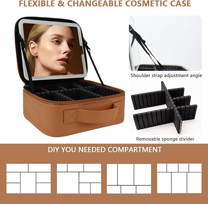 Travel Makeup Bag for Women and Makeup Artists Cosmetic Organizer Large Makeup Case,Travel Makeup Bag with Mirror 3 Color Setting,Portable Storage and Adjustable Dividers(CARAMEL COLOR)