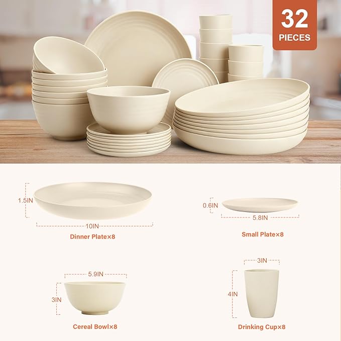 Wheat Straw Dishes Set Service for 8, Reusable Plastic Dinnerware Set 32 PCS, Kitchen Plates and Bowls sets, Unbreakable Microwave and Dishwasher Safe Camping Dishes for RV, Outdoor - Beige