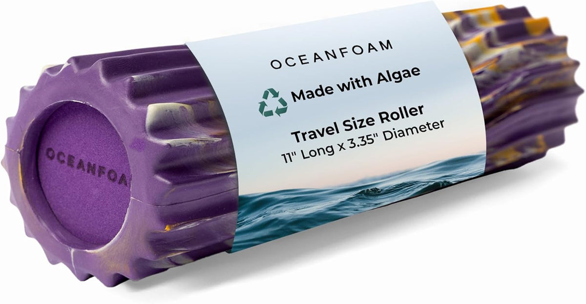 Oceanfoam Ripple Travel Foam Roller (11" x 3.35") Firm Mini Foam Roller for Physical Therapy, Deep Tissue Massage, Back Pain - High Density, Wave Textured - Yoga (Purple, Gold & Natural Marbled)