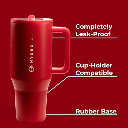HydroJug Traveler - 40 oz Water Bottle with Handle & Flip Straw - Fits in Cup Holder, Leak Resistant Tumbler-Reusable Insulated Stainless Steel & Rubber Base - Gifts for Women & Men, Alumni Red