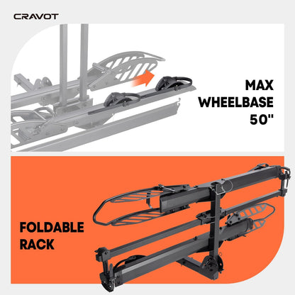 CyberRack E2 Hitch 2 EBike Rack with Ramp, 200 lbs Capacity Electric Bike Carrier Foldable Platform Mount, Up to 5-inch Fat Tire Bicycle for 2'' Receiver Cars Trucks SUVs Minivans RV, Trailer